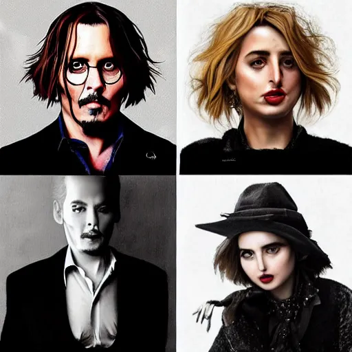 Image similar to face mash of johnny depp and ana de armas in the style of annie liebowitz portrait