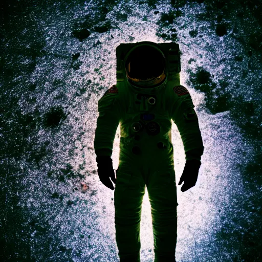 Image similar to photograph of an astronaut against the pitch black darkness of space, full body photo, lit from below, amazing light and shadow contrast,, 8 k