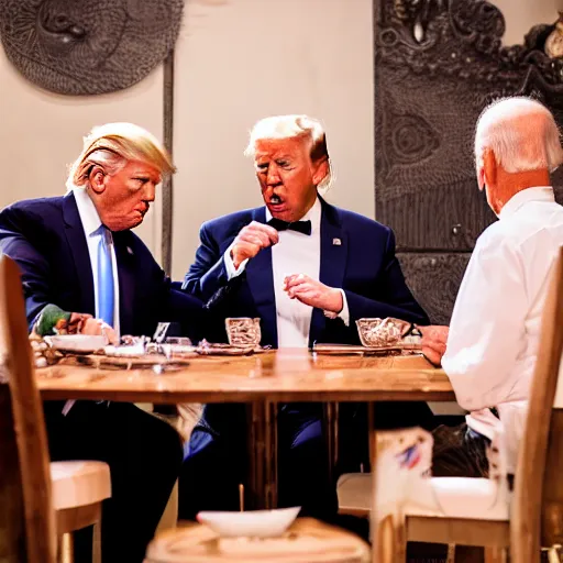 Image similar to Trump and Biden having dinner at a fancy Balinese restaurant, award winning photography, 85mm, perfect faces