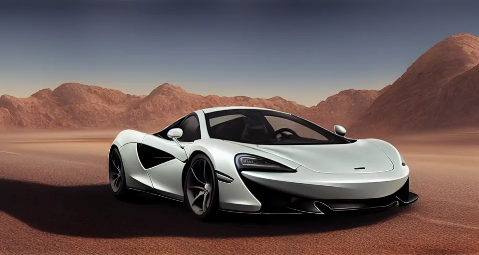 Image similar to mclaren in desert highway, digital art,ultra realistic,ultra detailed, ultra wide Lens, art by greg rutkowski