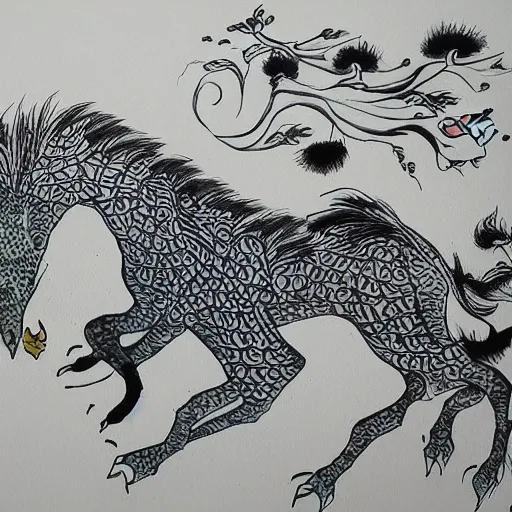 Image similar to extreme emotional movement of fience animal, ink painting, in style of thawan duchanee, high quality,