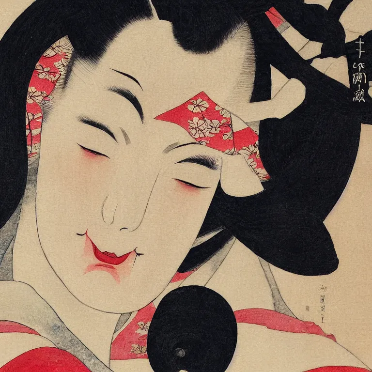 Image similar to Beautiful warmly lit close up studio portrait of Emma Stone smiling, beautiful watercolor painting in the style of Utamaro , trending on artstation dramatic lighting ukiyo-e