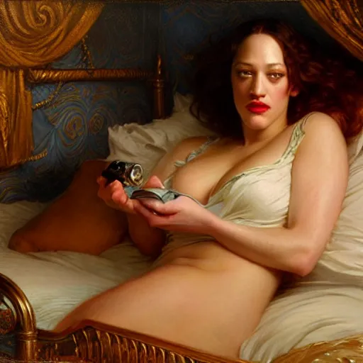 Image similar to vin diesel is in his bed, nervous and terrified, because kat dennings from hell is attacking him. highly detailed painting by gaston bussiere, j. c. leyendecker, greg rutkowski, craig mullins 8 k