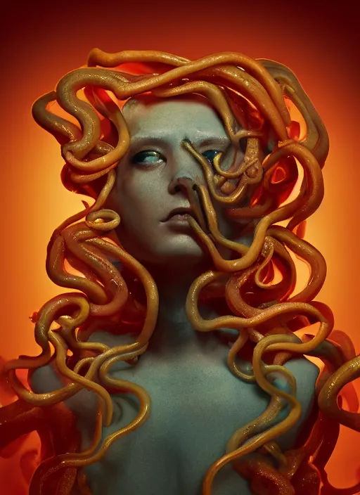 Image similar to subsurface scattering, medusa made of soft wax, cgsociety, translucent, organic squid and ceramic art nouveau swirls, golden orbs, colored smoke, in the style of alberto seveso and ruan jia and beeple and giger, mystical colors, back light, rim light, dramatic lighting, 8 k, stunning scene, raytracing, octane render