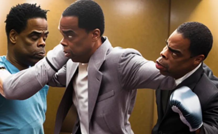 Image similar to movie still of prince of bell air punching chris rock in the face