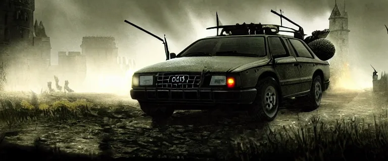 Image similar to Armored and Armed Military Audi 80 B3 Avant (1988) with a mounted M249 with soldiers on, Dark Souls 3, Eldritch Horrors, Wretched and Corrupted Knights, Heavy Battle, Fight, Car vs Knight, gunshots fired, a grim fantasy, Anor Londo, dramatic lighting, cinematic, establishing shot, extremely high detail, photorealistic, cinematic lighting, artstation, by simon stalenhag