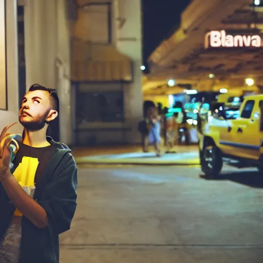 Prompt: flash photography of a high guy staring intently at a banana