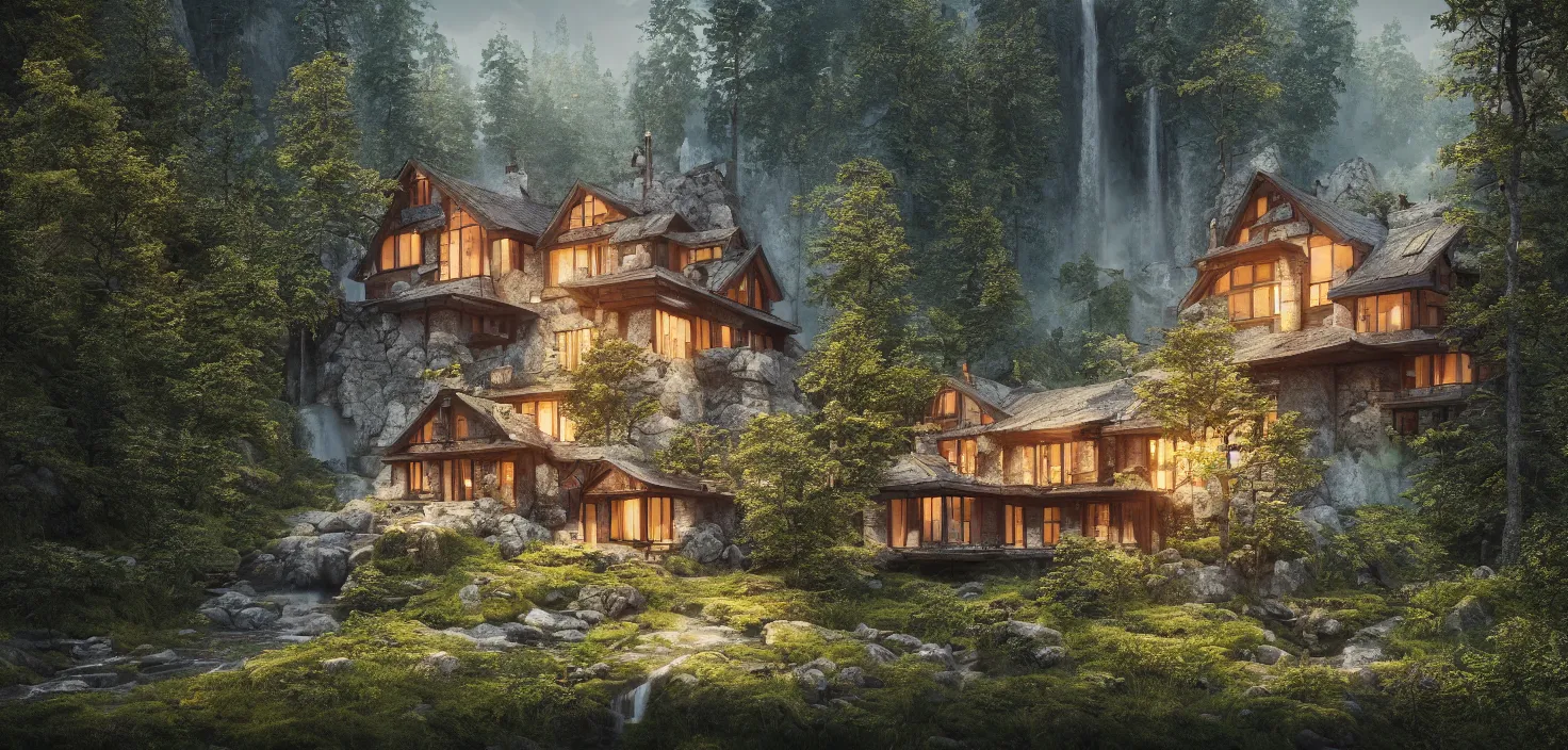 Image similar to beautiful large scandinavian house in the forest on a hill, a large waterfall flows down from the mountain in the background, octane render, fabulous, hyper detailed, random cinematic view, no noise, global illumination, warm lighting, volumetric, godrays, vivid, by jordan grimmer