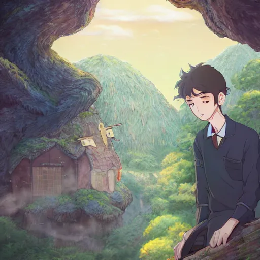 Prompt: friendly guy and small creature , with Fragile looking character portrait face and small made in Ghibli art ,highly detailed art, beautiful scene, sharp focus, smooth, 8k, anime art,