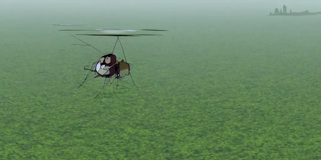 Image similar to a cell - shaded cartoon movie still from howl's moving castle ( 2 0 0 4 ) of a beautiful young woman flying a gyrocopter in a flooded rainforest valley. stonehenge is seen in the background with shafts of sunlight from above. wide shot, very dull muted colors, hd, 4 k, hq