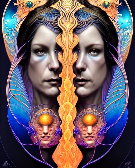 Prompt: a portrait of gemini water and fire fantasy character portrait made of fractals facing each other, art nouveau mandala, ultra realistic, wide angle, intricate details, the fifth element artifacts, highly detailed by peter mohrbacher, hajime sorayama, wayne barlowe, boris vallejo, aaron horkey, gaston bussiere, craig mullins