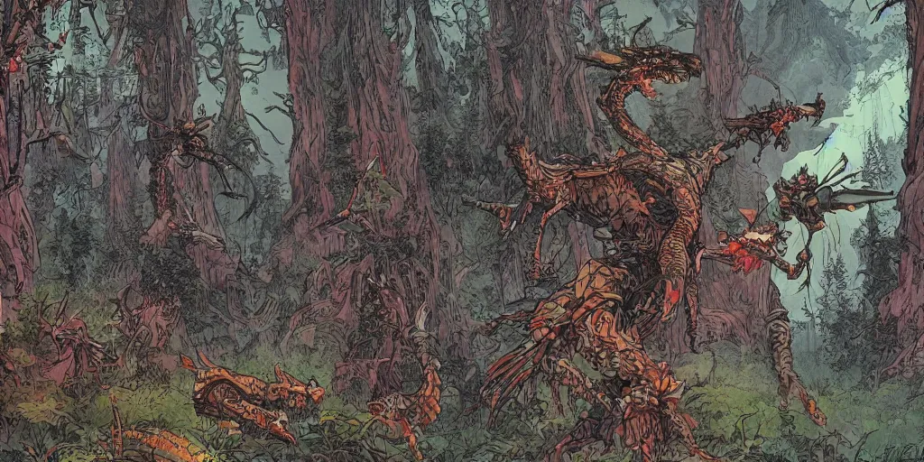 Image similar to a close - up grainy risograph, painting of a scene from the horizon zero dawn, machine monsters, dense forest, dragonflies, fire, fog by moebius and kim jung gi