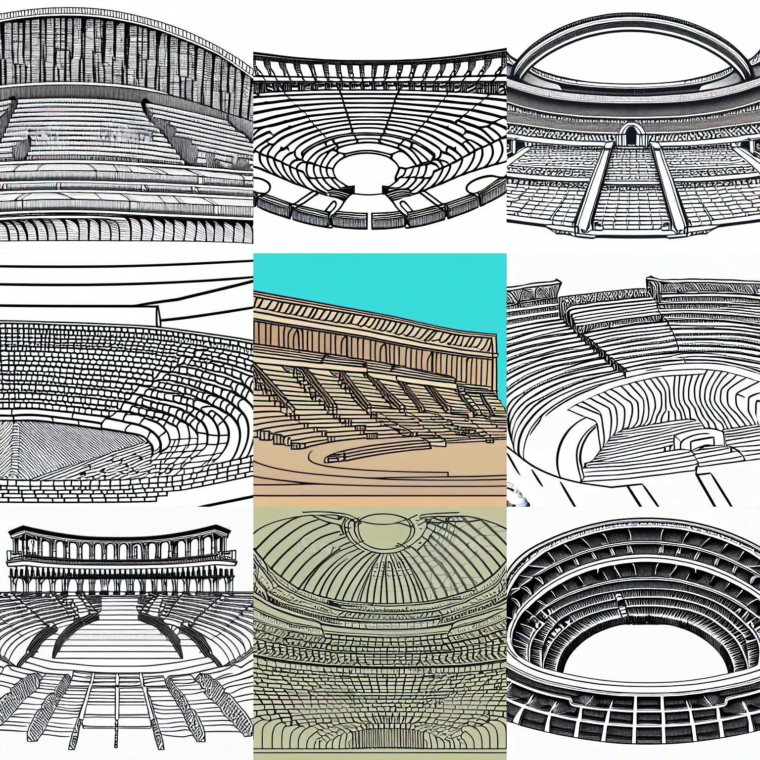 Prompt: highly detailed full frame 3 / 4 shot of a section of ancient amphitheater in smooth shaded!!! vector line - art style, sketch - up, white background