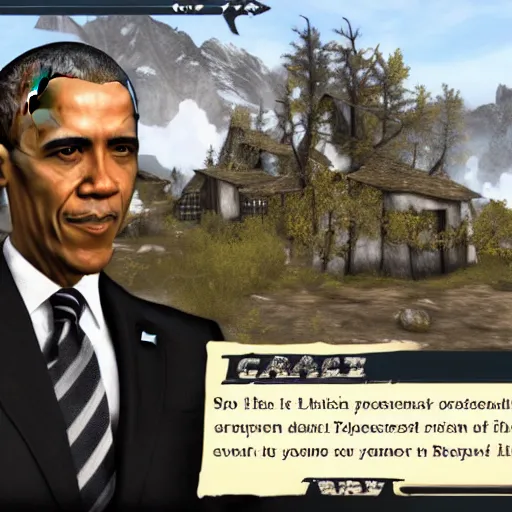 Image similar to video game screenshot of barack obama in skyrim