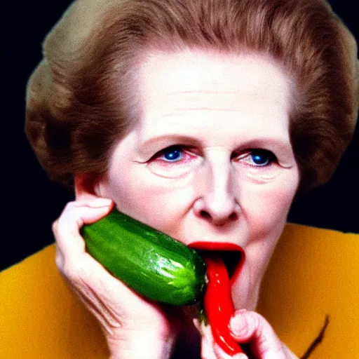 Prompt: Margaret Thatcher sucking a cucumber, photorealistic