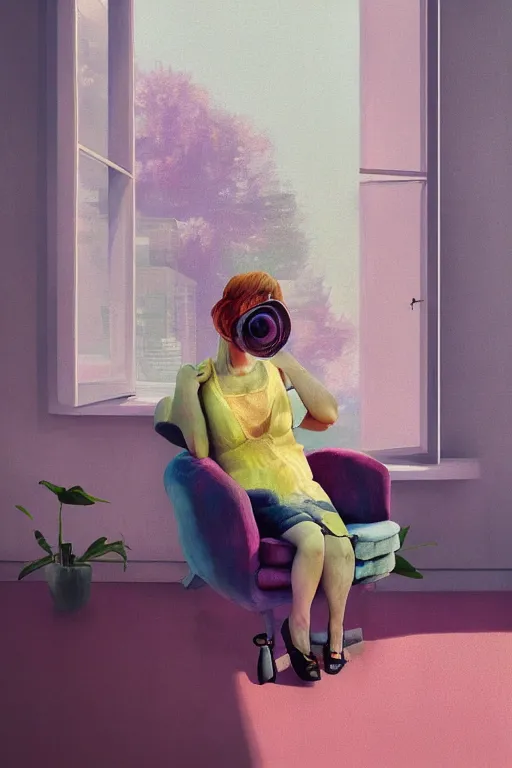 Prompt: closeup, large flower face, white woman sitting on lounge chair by a modern window, surreal photography, studio light, impressionist painting, digital painting, artstation, simon stalenhag