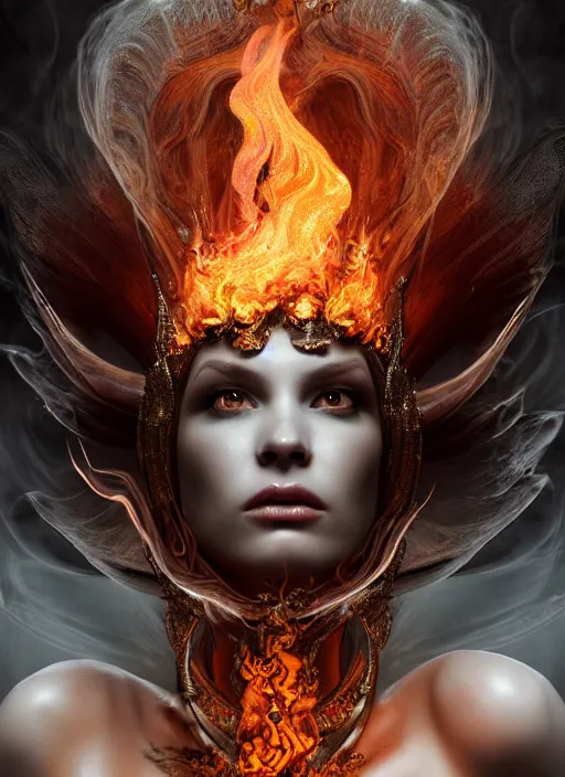 Image similar to hyperrealistic mixed media portrait of an evil female pyromancer, stunning 3d render inspired art by Lars Grant-West + perfect facial symmetry + dim volumetric lighting, ornate flowing robes, radiant fiery energy, swirling wispy smoke, 8k octane beautifully detailed render, post-processing, extremely hyperdetailed, intricate, epic composition, grim yet sparkling atmosphere, cinematic lighting + masterpiece, trending on artstation, Art Nouveau