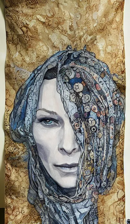 Prompt: cate blanchet , hanging scroll, ink and colours on silk,