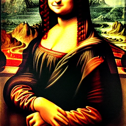 Image similar to Mona Lisa painting holding a mossberg shotgun. Photoreal