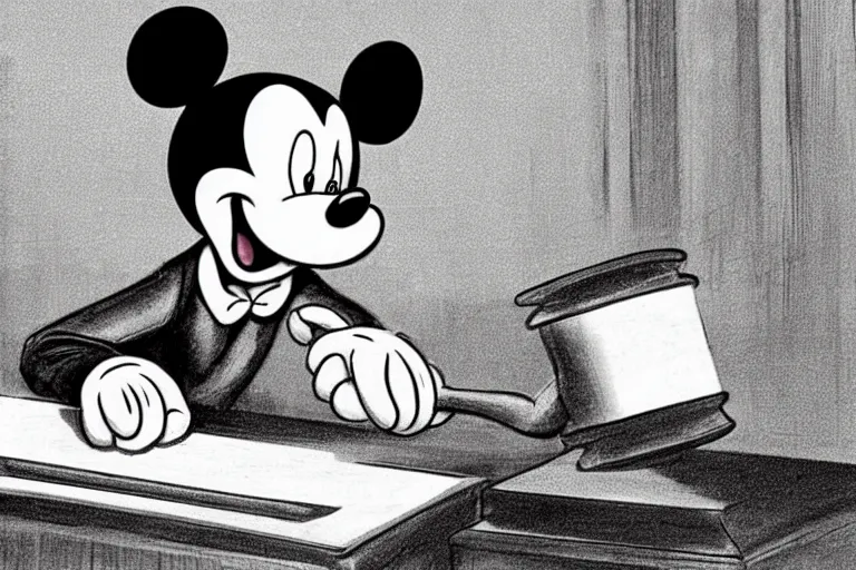 Image similar to courtroom sketch of vintage disney character mickey mouse presenting evidence of copyright infringement to the judge bench court room wooden serious dark tone