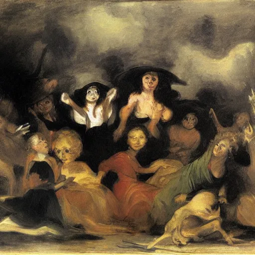 Image similar to a painting of a witches coven in the style of francisco goya