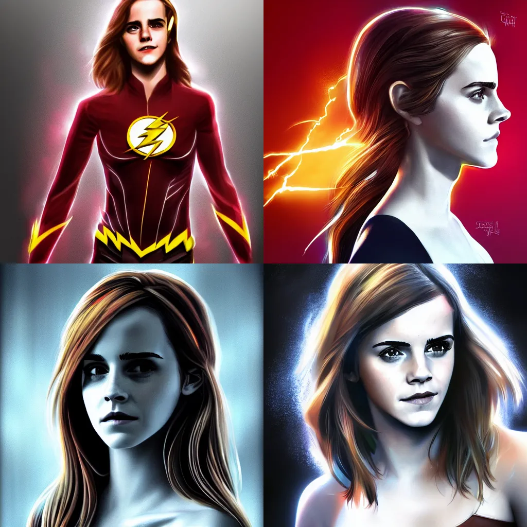 Prompt: Emma Watson as The Flash, digital painting, digital art trending on artstation