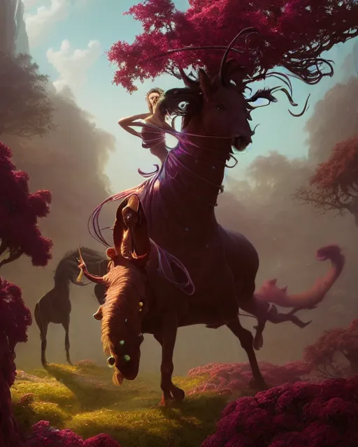 Image similar to highly detailed surreal vfx portrait of a fearless centaurs in a fairytale world, stephen bliss, unreal engine, greg rutkowski, loish, rhads, beeple, makoto shinkai and lois van baarle, ilya kuvshinov, rossdraws, tom bagshaw, alphonse mucha, global illumination, detailed and intricate environment