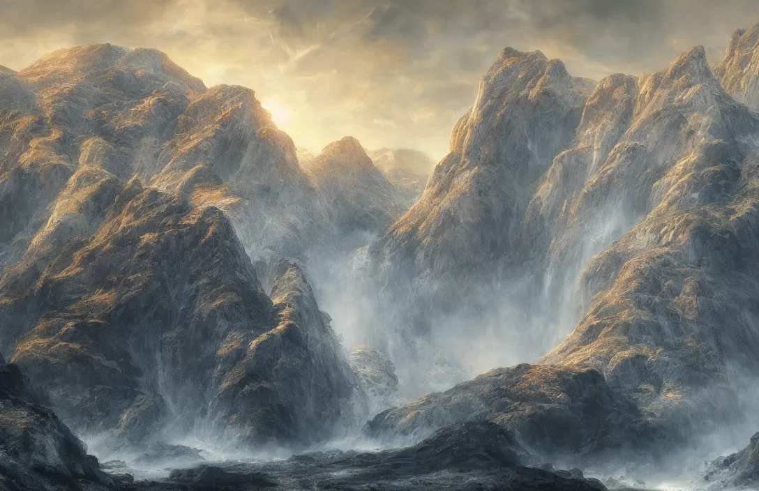 Image similar to a huge arc of a mountain far away in a hans - werner sahm inspired landscape, detailed dreamscape, hyperreal phantastic landscape, golden ratio, high aestehtic, waterfall cascades, cinematic light dramatic light, trending on artstation