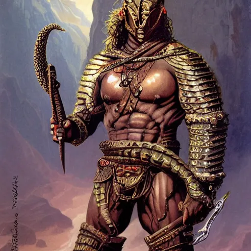 Prompt: serpent - man warlord wearing bronze age plate armor, horrific background symmetrical, zoom out, high quality, high definition, 8 k, photograph photorealistic by frank frazetta