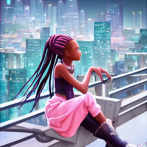 Prompt: A vrey cute and innocent black anime girl with long braids, full body, narrow waist, pink eyes, full lips, big smile, sexy, miniskirt, sitting on a bridge above the city, higly detailed, trending on artstation, unreal engine, James Jean, Andrei Riabovitchev, Marc Simonetti