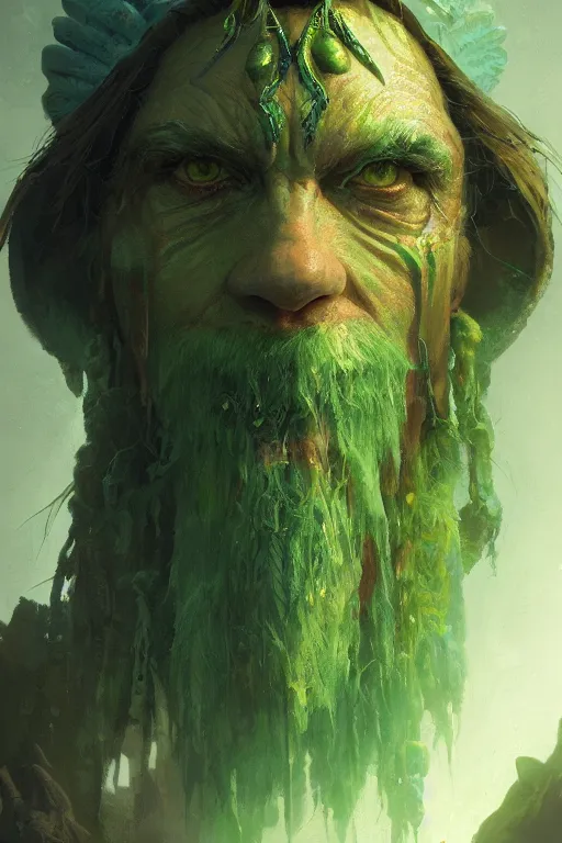 Prompt: A closeup of a green shaman by Greg Rutkowski, Dan Mumford, Christophe Vacher, 4k photorealistic, volumetric lighting, HD, high details, dramatic, hdr, trending on artstation