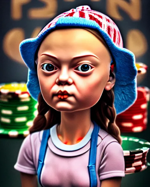Image similar to closeup profile portrait of a low poly tin toy greta thunberg as a gangster's moll in a gambling den, bikini, hyper realistic, artstation, illustration, nicoletta ceccoli, mark ryden, lostfish, max fleischer, digital paint, matte paint, vivid colors, bright, cheerful, detailed and intricate environment