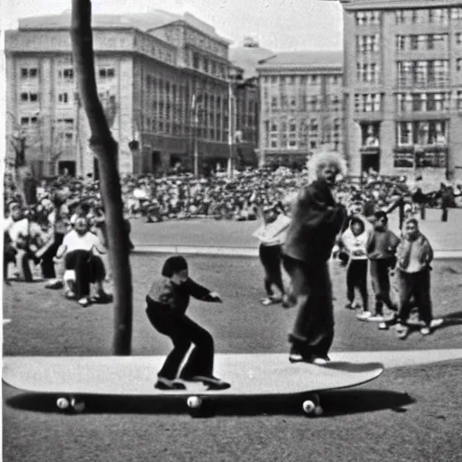 Image similar to vintage photo of albert einstein doing skateboard tricks at a park while a crowd of people watches, circa 1 6 0 0, award - winning shot