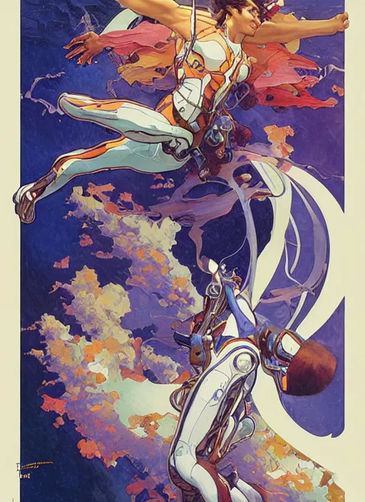 Prompt: an art nouveau copic maker poster of a person doing adho mukha svanasana wearing an evangelion pilot suit by john berkey by stanley artgerm lau, greg rutkowski, thomas kinkade, alphonse mucha, loish, norman rockwell