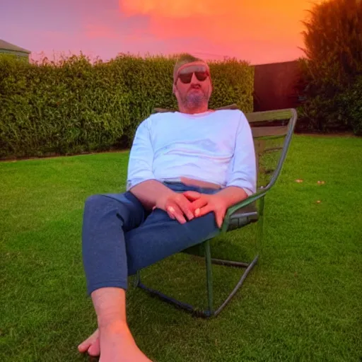 Image similar to My giga Chad dad is smoking weed and have good time being gracefully relaxed in the garden, sunset lighting