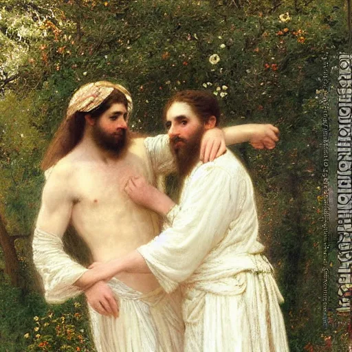 Prompt: Springtime, by Pierre-Auguste Cot, depicting two men in love dressed in white robes