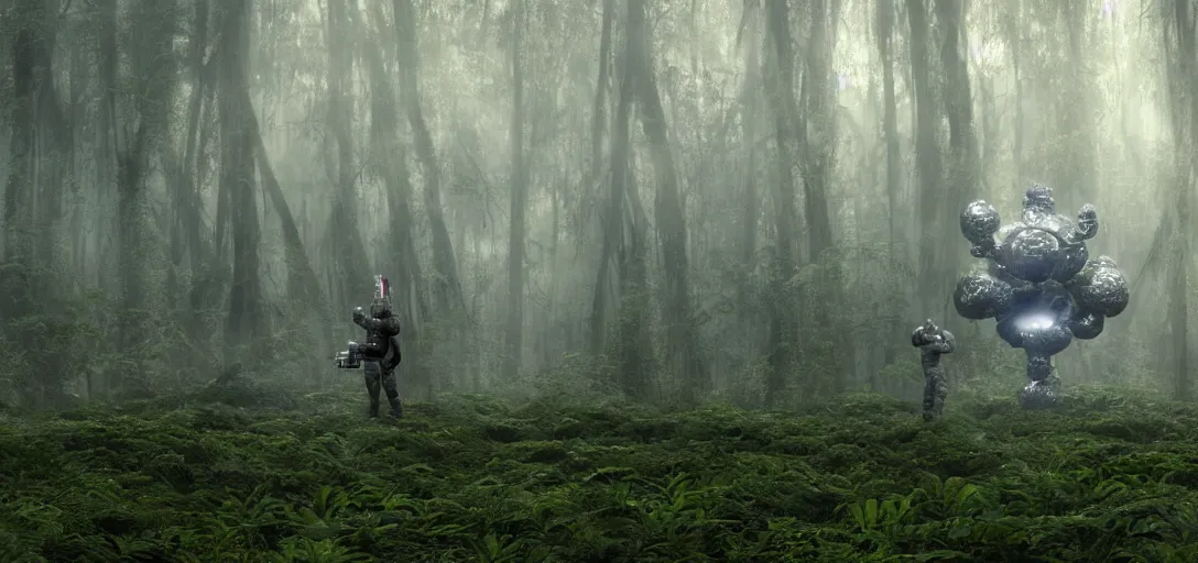 Image similar to an astronaut taking a photo of a complex organic fractal 3 d metallic symbiotic ceramic humanoid megastructure creature in a swampy lush forest, foggy, sun rays, cinematic shot, photo still from movie by denis villeneuve, wayne barlowe