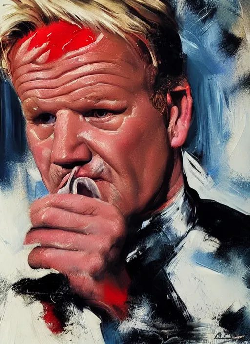 Prompt: big lip gordon ramsay,'huge lips '!!!!!, painting by phil hale, fransico goya,'action lines '!!!, graphic style, visible brushstrokes, motion blur, blurry, visible paint texture, crisp hd image