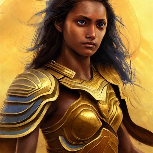 Prompt: highly detailed painting of a warrior goddess with maldivian, tan skin, blue eyes, golden armor with cape and brown hair high fantasy art by jon foster trending on arstation