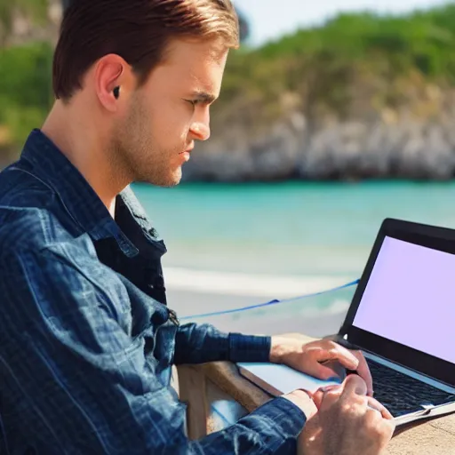 Image similar to storyboard sketch image of man working on laptop at sunny beach, perfect face, fine details