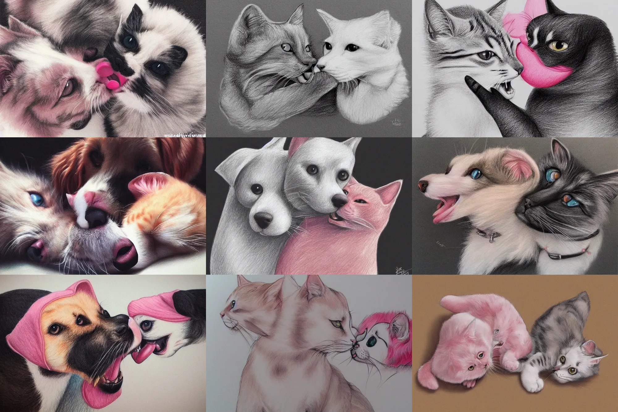 Prompt: cat and dog licking each other, cute drawing, trending on Artstation, long tongue, (pink colors), trending on Twitter, trending on Instagram, very beautiful fur, perfect animal