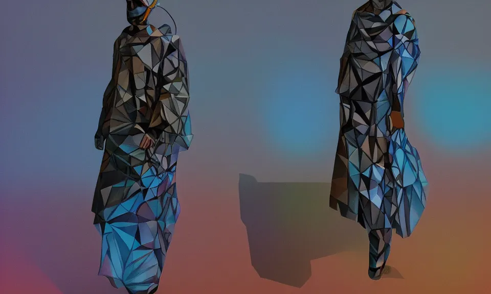 Image similar to modern shaman, modern minimal outfit by isei miyake, roger deakins, syd mead, triadic color scheme, bioluminiscent fabrics, concept art