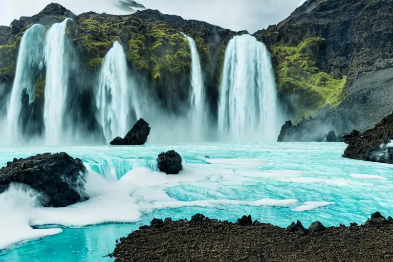 Image similar to photo of a landscape with mountains with waterfalls and snow on top, wallpaper, very very wide shot, blue glacier, iceland, new zeeland, green flush moss, professional landscape photography, sunny, day time, beautiful