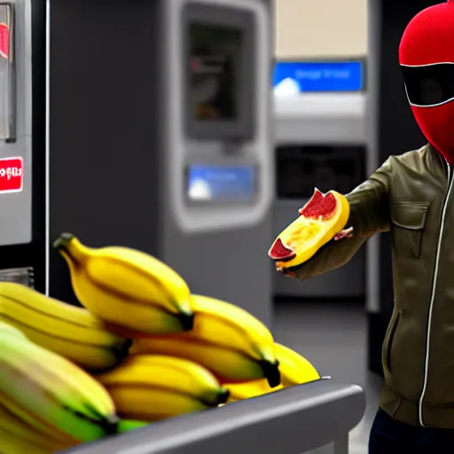 Image similar to a masked man at a self checkout stealing a banana, trending on artstation, depth field, unreal engine, cinematic, hyper realism, high detail, 8 k