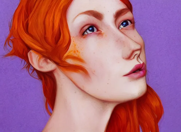 Prompt: portrait Girl with orange hair and freckles, purple background, cute-fine-face, pretty face, realistic shaded Perfect face, fine details. realistic shaded lighting by Anna Dittmann,