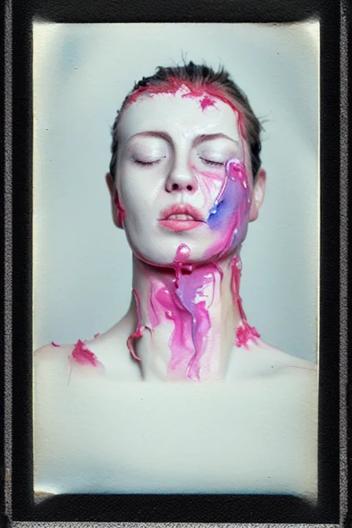 Image similar to watercolor, a liquid white clay porcelain portrait of a face melt down flow go runny, body painted with white thick fluid, realistic detailed watercolor polaroid, grainy image, contrast