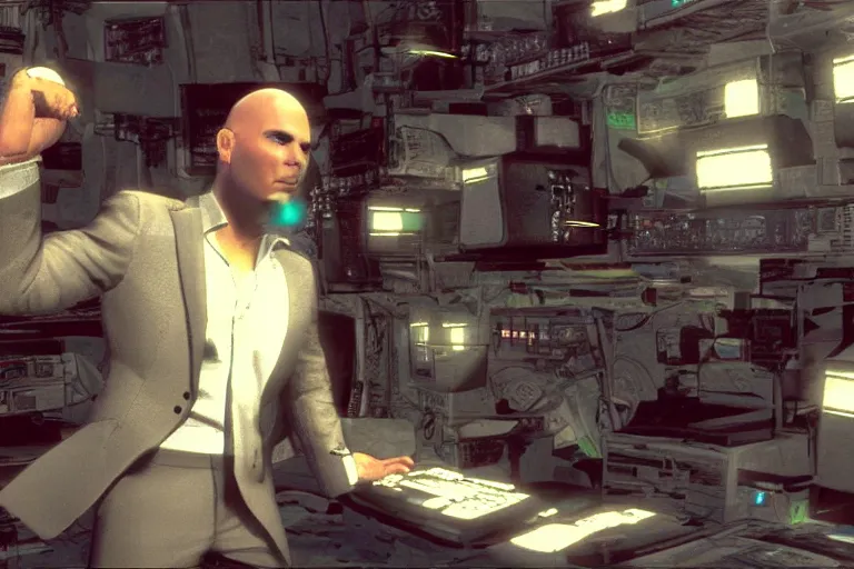 Image similar to pitbull mr. worldwide in a ps 1 game, in 2 0 5 5, y 2 k cybercore, still from a ridley scott movie