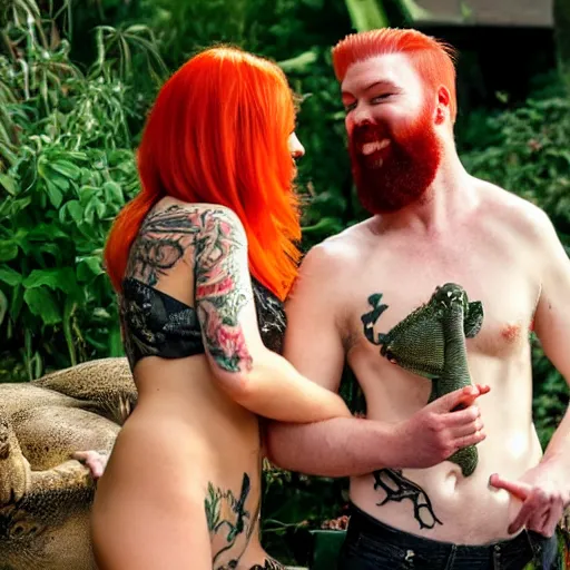 Image similar to an attractive slender woman with red orange hair and a man with a dark beard and tattoos are very happy amongst cheese and lizards