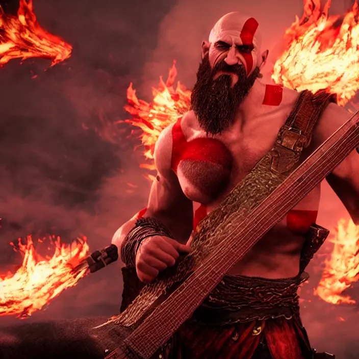 Image similar to kratos rocking out on a flaming stratocaster guitar, cinematic render, god of war 2 0 1 8, playstation studios official media