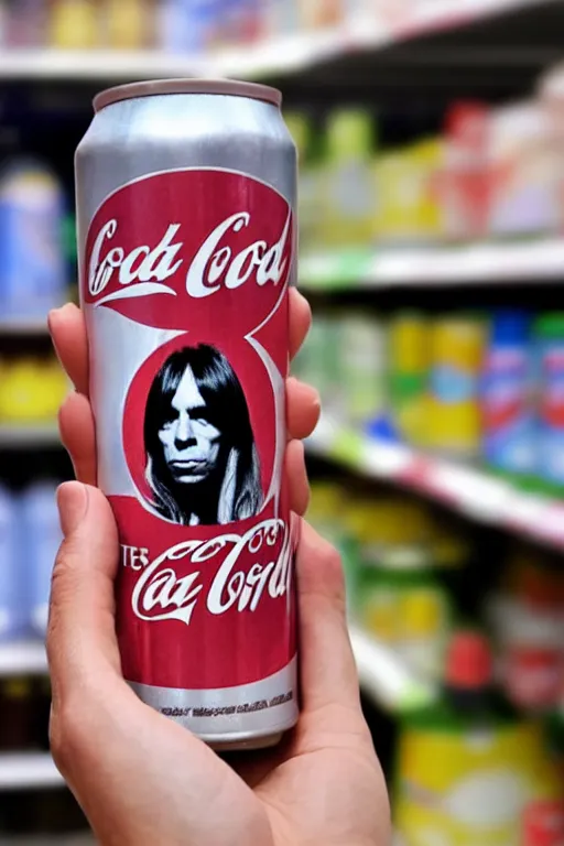 Image similar to a hand holding a tall soda can with iggy pop's face on the label, inside a supermarket